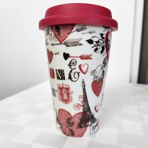 Eco One Ceramic Ciroa Silicone Lid Reuse Paris Themed Pattern Travel Mug NWT